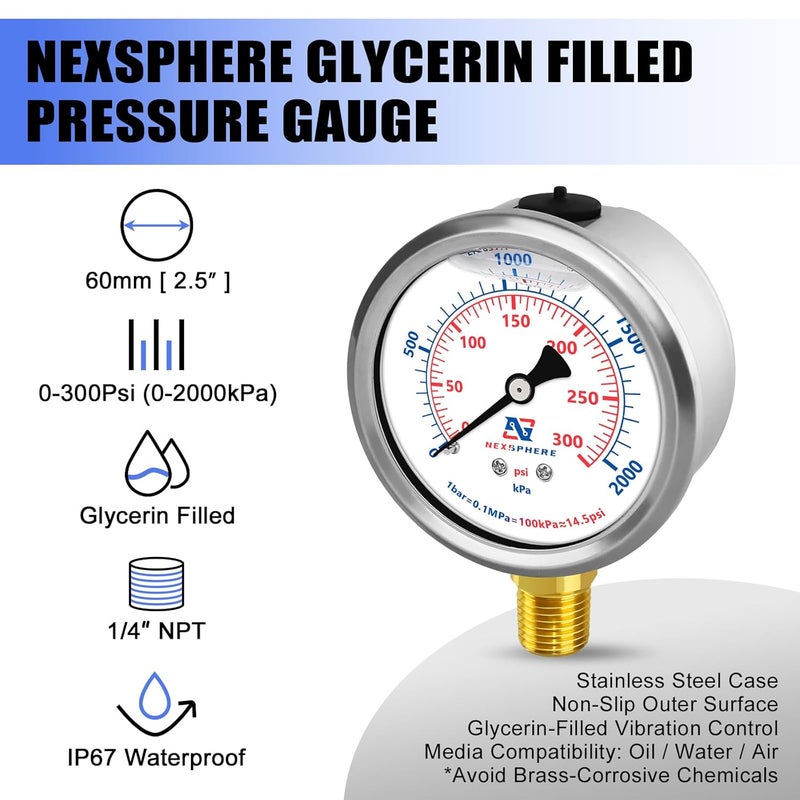 NexSphere 300 PSI Liquid Filled Pressure Gauge, 2.5" Dial, 1/4" NPT Lower Mount, 304 Stainless Steel Case, Glycerin-Filled Manometer for Air Compressor, Oil, Water, HVAC, and Gas Applications - Image 2